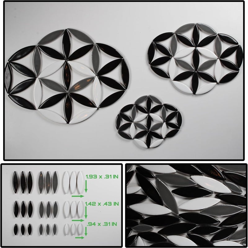 Verz Tile VerzTile Mosaic Tiles for Crafts - Petal Shaped Ceramic Tile Craft Hobbies & Art Projects 39 Color Options Endless Creativity DIY Design (Black White & Gray) - Image 3